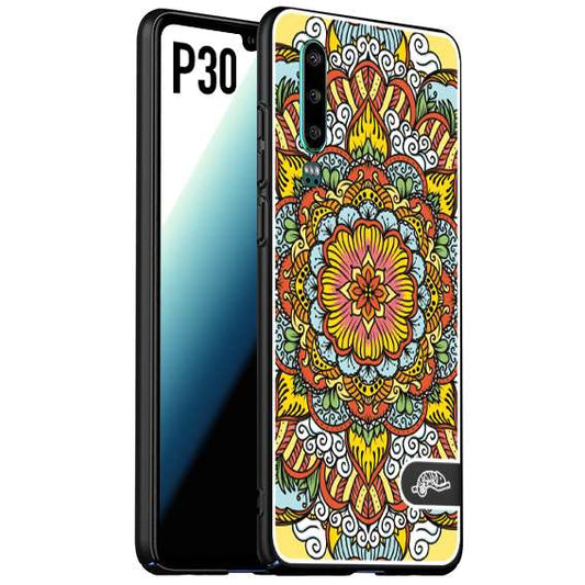 CUSTOMIZZA - Custodia cover nera morbida in tpu compatibile per Huawei P30 mandala colorato fiore nuvole arancione