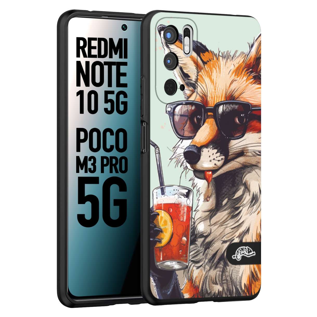 CUSTOMIZZA - Custodia cover nera morbida in tpu compatibile per Xiaomi Redmi Note 10 5G - Poco M3 Pro 5G estate disegnata cocktails animali simpatici fox volpe negroni