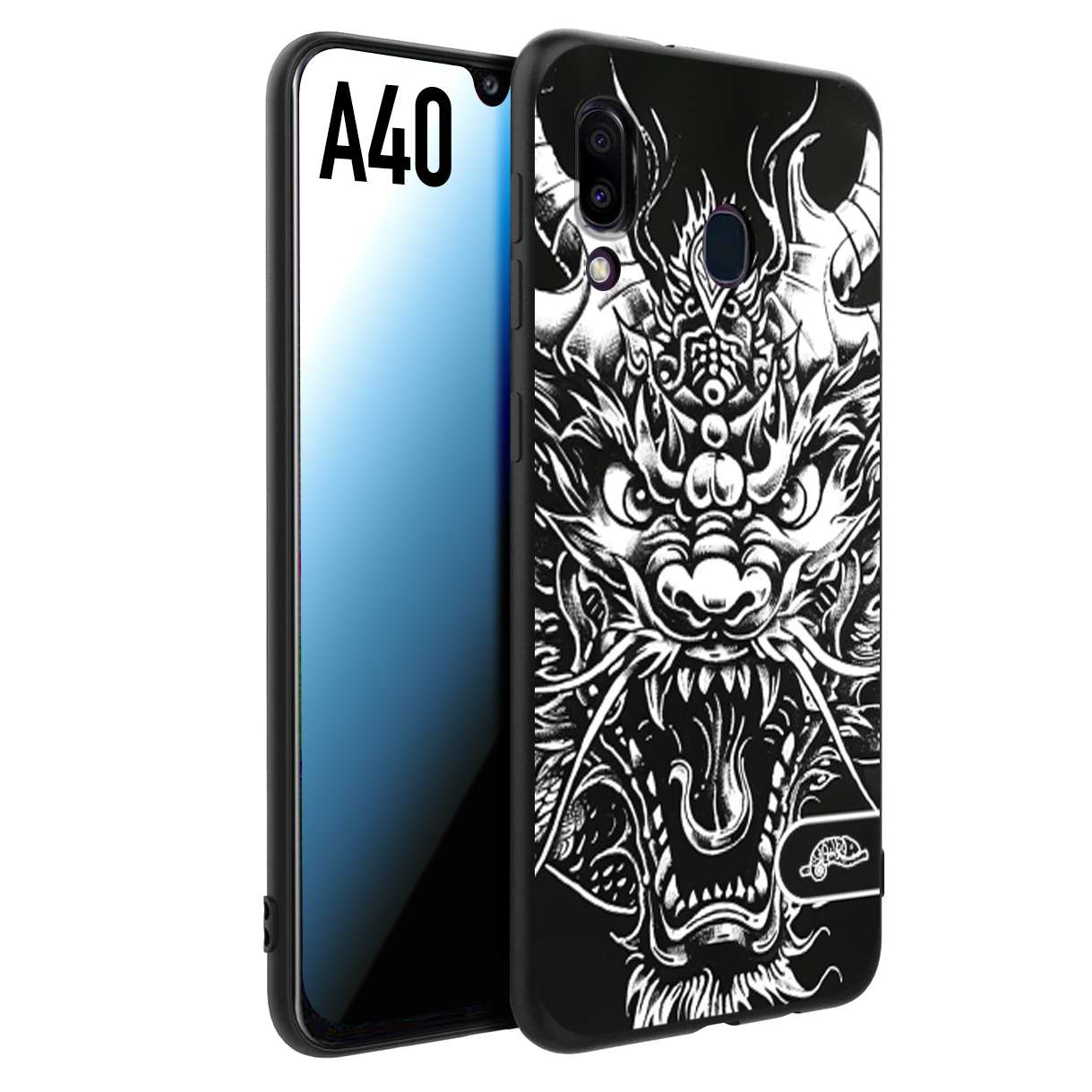 CUSTOMIZZA - Custodia cover nera morbida in tpu compatibile per Samsung A40 drago black and white bianco a rilievo disegnato tattoo tatuaggio