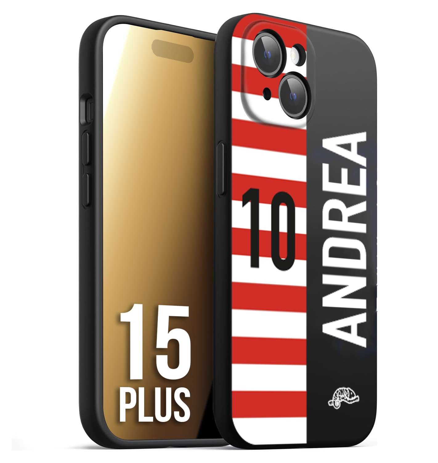 CUSTOMIZZA - Custodia cover nera morbida in tpu compatibile per iPhone 15 PLUS personalizzata calcio football nome e numero calciatori bianco rossa