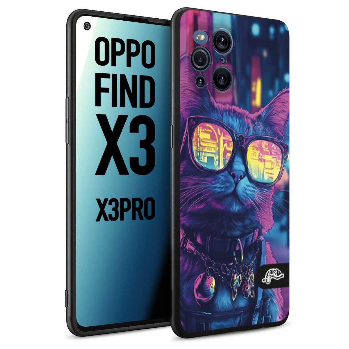 CUSTOMIZZA - Custodia cover nera morbida in tpu compatibile per Oppo Find X3 - Find X3 Pro 5G animali cyberpunk gatto street cat fucsia blu giallo