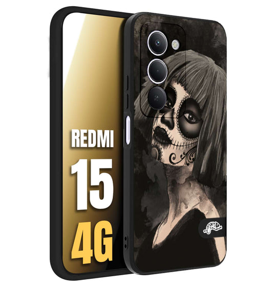 CUSTOMIZZA - Custodia cover nera morbida in tpu compatibile per Xiaomi Redmi 15 4G chicana messicana dea de la muerte donna santa tattoo disegnata