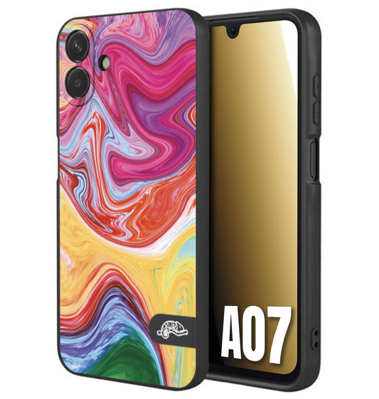 CUSTOMIZZA - Custodia cover nera morbida in tpu compatibile per Samsung A07 colorata fantasia vortice marmo onde verde fucsia gialla