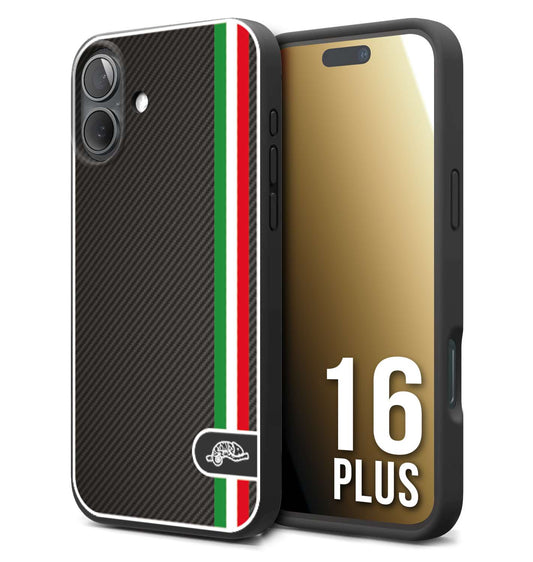 CUSTOMIZZA - Custodia cover nera morbida in tpu compatibile per iPhone 16 PLUS effetto fibra di carbonio bandiera Italia made in Italy