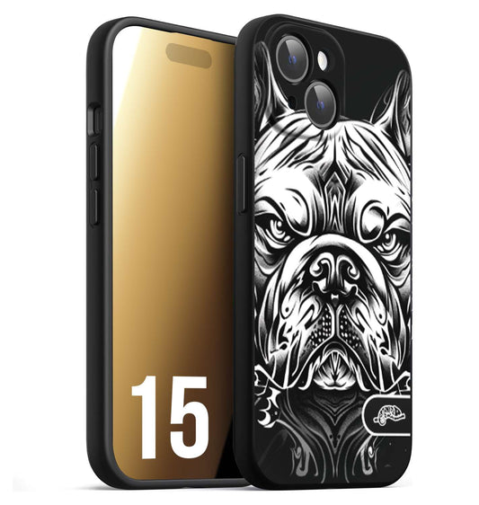 CUSTOMIZZA - Custodia cover nera morbida in tpu compatibile per iPhone 15 bulldog bianco a rilievo disegnato tattoo tatuaggio