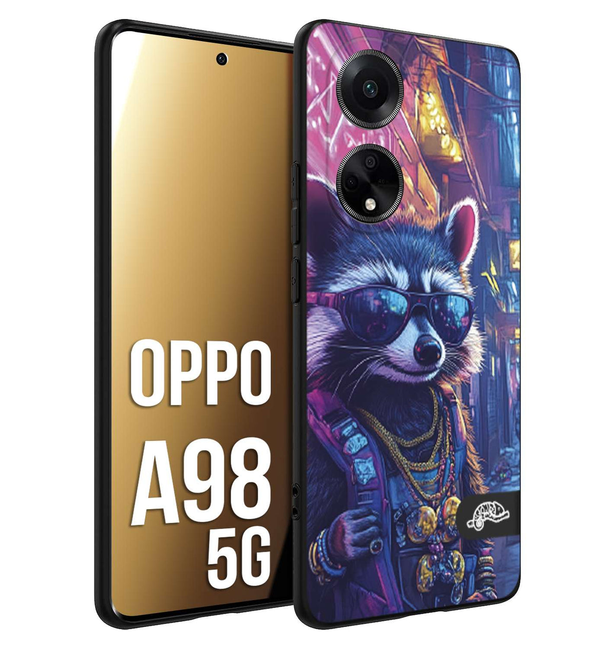 CUSTOMIZZA - Custodia cover nera morbida in tpu compatibile per Oppo A98 5G animali simpatici cyberpunk procione racoon street cat fucsia blu giallo