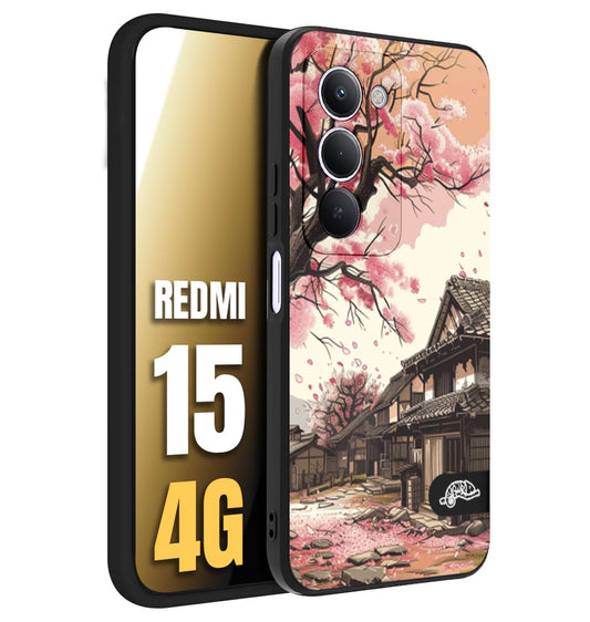 CUSTOMIZZA - Custodia cover nera morbida in tpu compatibile per Xiaomi Redmi 15 4G casa giapponese rosa ciliegio in fiore disegnata tattoo