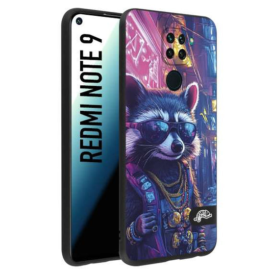 CUSTOMIZZA - Custodia cover nera morbida in tpu compatibile per Xiaomi Redmi Note 9 animali simpatici cyberpunk procione racoon street cat fucsia blu giallo