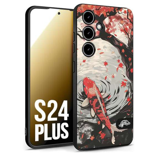 CUSTOMIZZA - Custodia cover nera morbida in tpu compatibile per Samsung S24 PLUS giapponese lago carpa koi rossa con foglie d'acero rosso disegnata tattoo