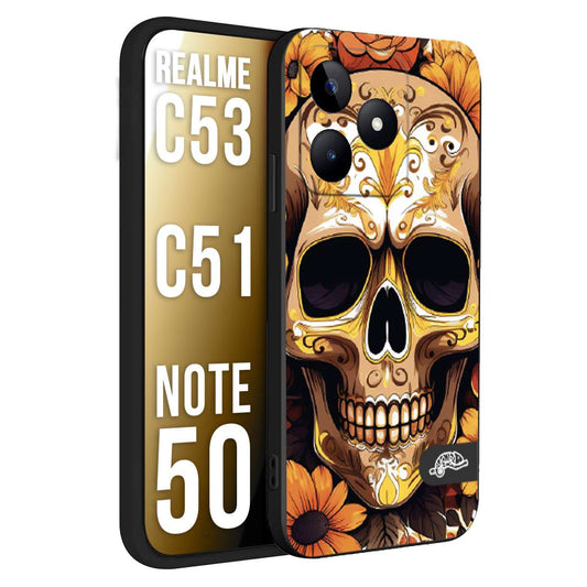 CUSTOMIZZA - Custodia cover nera morbida in tpu compatibile per Realme C53 - C51 - NOTE 50 teschio messicano colorato dorato fiori tattoo disegnato