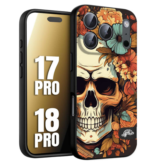 CUSTOMIZZA - Custodia cover nera morbida in tpu compatibile per iPhone 17 PRO - 18 PRO teschio skull flowers fiori autunnali arancio celeste tattoo