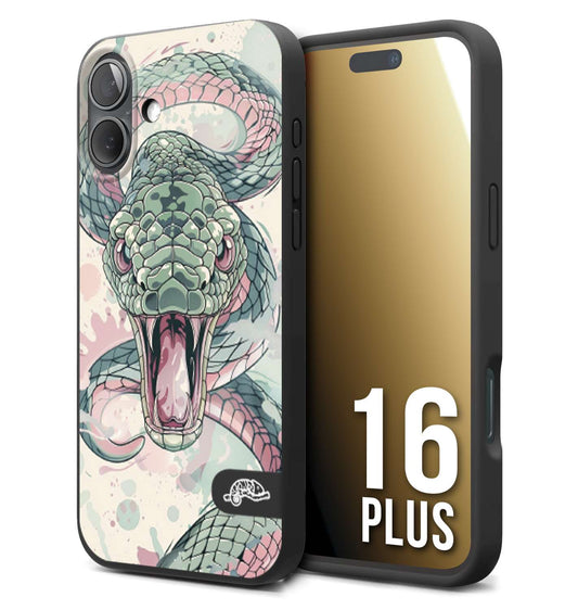 CUSTOMIZZA - Custodia cover nera morbida in tpu compatibile per iPhone 16 PLUS snake pink green serpente tatuaggio tattoo disegnato a mano