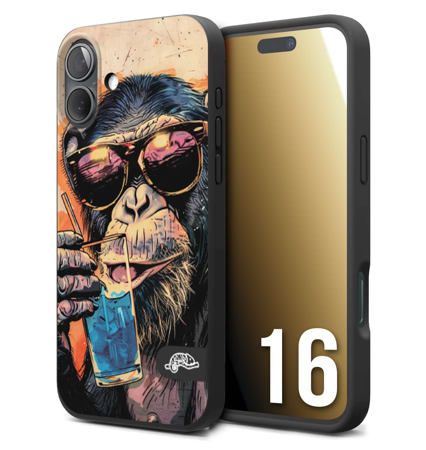 CUSTOMIZZA - Custodia cover nera morbida in tpu compatibile per iPhone 16 estate disegnata cocktails animali simpatici scimmia monkey negroni