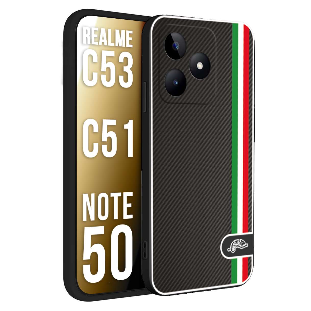 CUSTOMIZZA - Custodia cover nera morbida in tpu compatibile per Oppo Realme C53 - C51 - NOTE 50 effetto fibra di carbonio bandiera Italia made in Italy