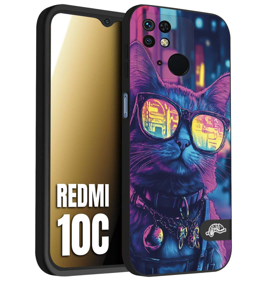 CUSTOMIZZA - Custodia cover nera morbida in tpu compatibile per Xiaomi Redmi 10C animali cyberpunk gatto street cat fucsia blu giallo