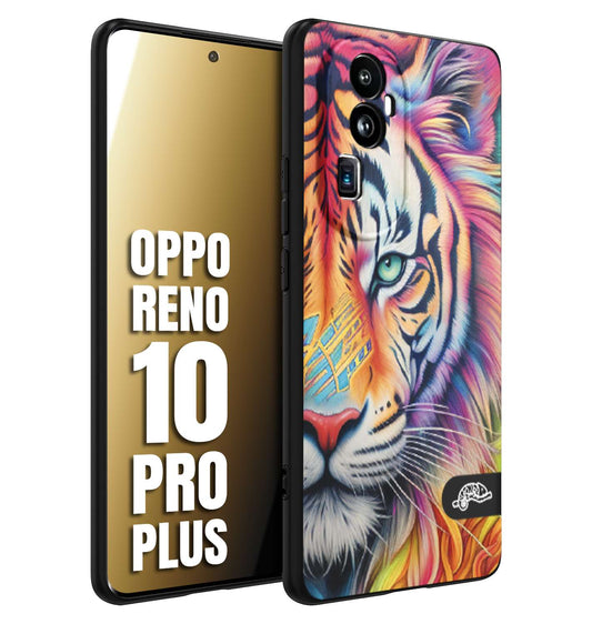 CUSTOMIZZA - Custodia cover nera morbida in tpu compatibile per Oppo Reno 10 PRO PLUS animali color tigre tiger viso colori vibranti disegnato schizzo