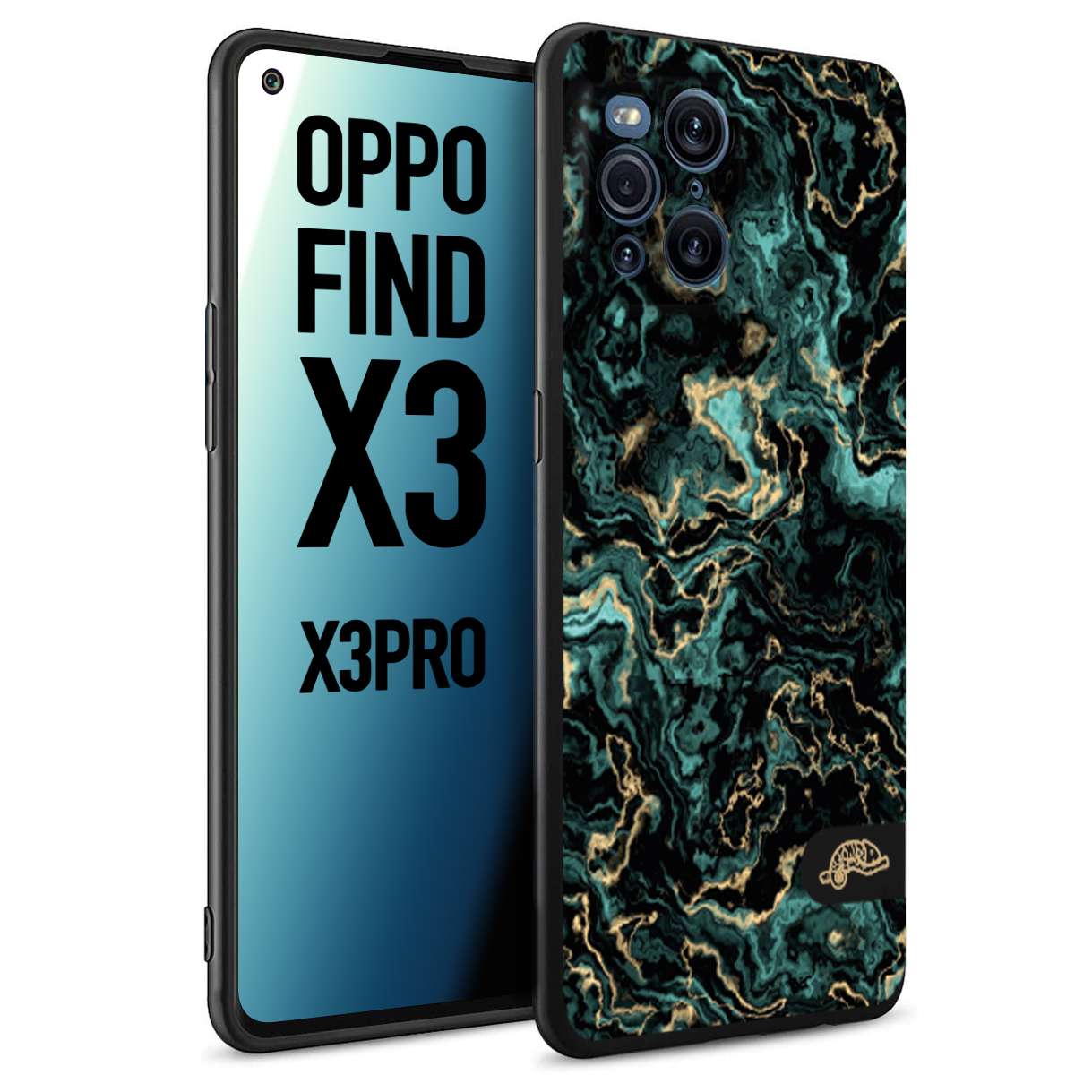 CUSTOMIZZA - Custodia cover nera morbida in tpu compatibile per Oppo Find X3 - Find X3 Pro 5G effetto marmo marble verde green venature dorato pietra