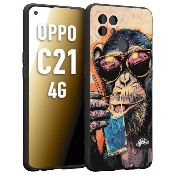 CUSTOMIZZA - Custodia cover nera morbida in tpu compatibile per Oppo Realme C21 4G estate disegnata cocktails animali simpatici scimmia monkey negroni