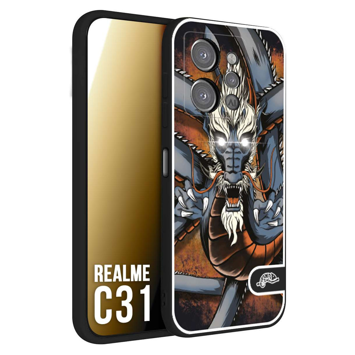 CUSTOMIZZA - Custodia cover nera morbida in tpu compatibile per Realme C31 drago giapponese tattoo japan dragon
