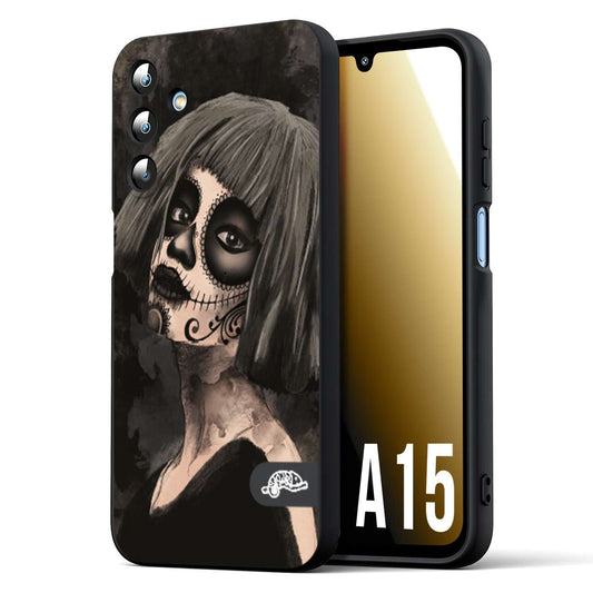 CUSTOMIZZA - Custodia cover nera morbida in tpu compatibile per Samsung A15 5G chicana messicana dea de la muerte donna santa tattoo disegnata