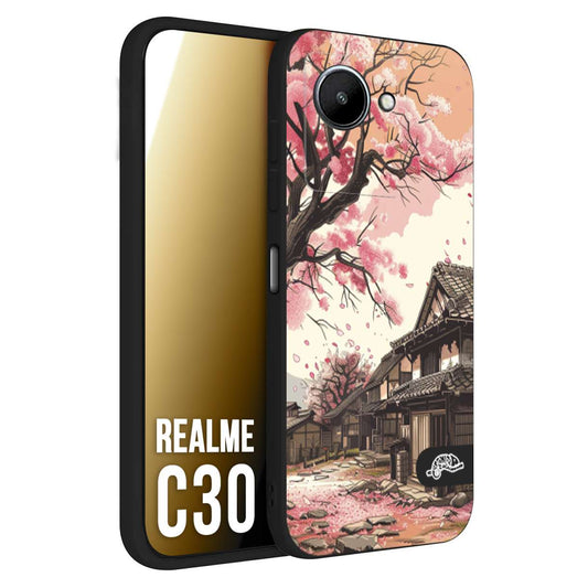 CUSTOMIZZA - Custodia cover nera morbida in tpu compatibile per Realme C30 casa giapponese rosa ciliegio in fiore disegnata tattoo