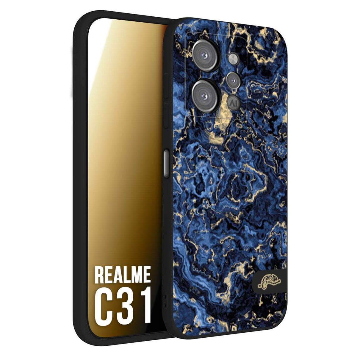 CUSTOMIZZA - Custodia cover nera morbida in tpu compatibile per Realme C31 effetto marmo marble blu venature dorato psichedelico