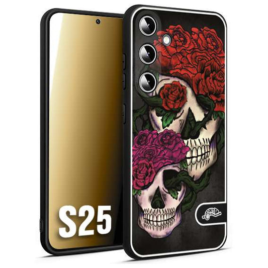 CUSTOMIZZA - Custodia cover nera morbida in tpu compatibile per Samsung S25 teschi e rose rosse fucsia skull and roses