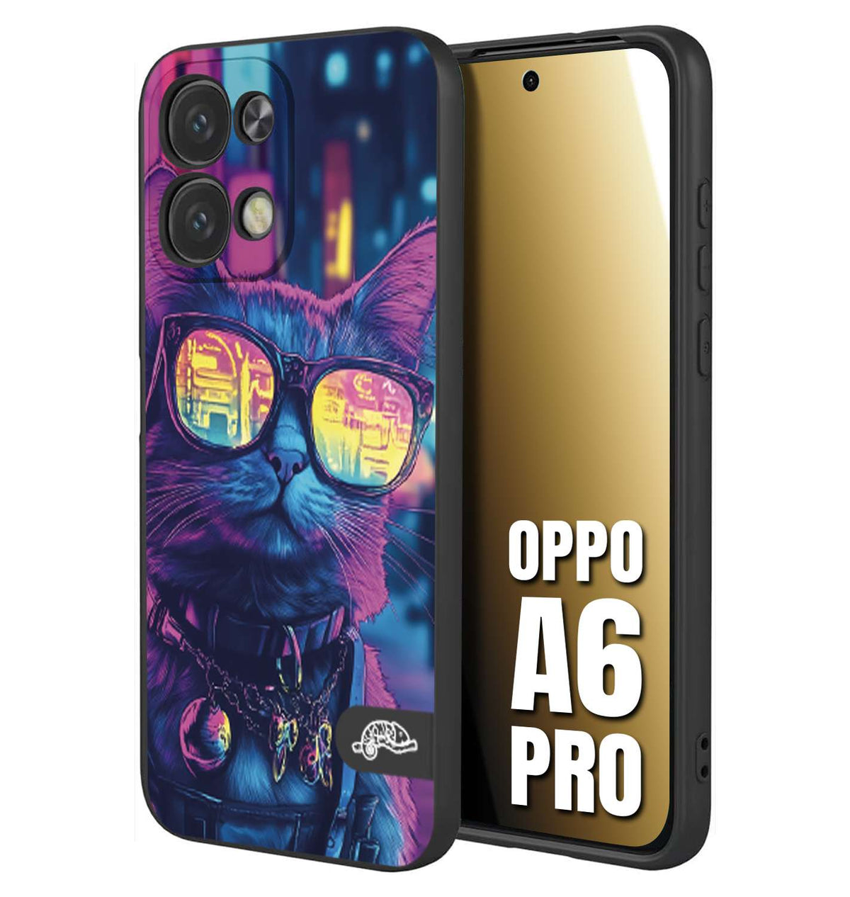 CUSTOMIZZA - Custodia cover nera morbida in tpu compatibile per Oppo A6 PRO animali cyberpunk gatto street cat fucsia blu giallo