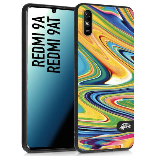 CUSTOMIZZA - Custodia cover nera morbida in tpu compatibile per Xiaomi Redmi 9A - 9AT colorata fantasia vortice marmo arcobaleno gialla verde blu