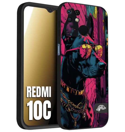 CUSTOMIZZA - Custodia cover nera morbida in tpu compatibile per Xiaomi Redmi 10C animali cyberpunk dobermann cane street dog fucsia blu