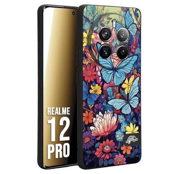 CUSTOMIZZA - Custodia cover nera morbida in tpu compatibile per Realme 12 PRO farfalle butterfly moderno donna disegnate gialla blu rosa