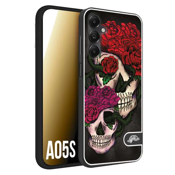 CUSTOMIZZA - Custodia cover nera morbida in tpu compatibile per Samsung A05S teschi e rose rosse fucsia skull and roses