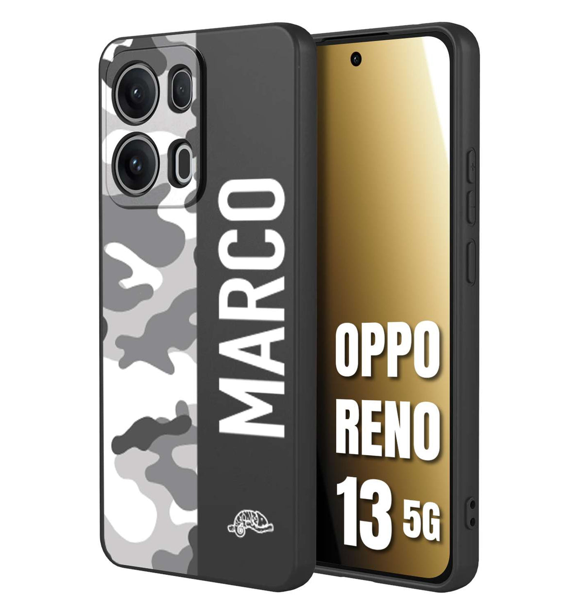 CUSTOMIZZA - Custodia cover nera morbida in tpu compatibile per Oppo Reno 13 5G camouflage mimetico militare personalizzata nome bianco