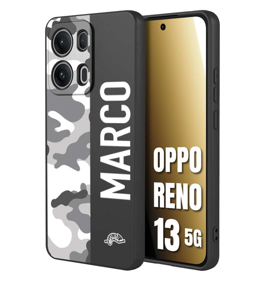 CUSTOMIZZA - Custodia cover nera morbida in tpu compatibile per Oppo Reno 13 5G camouflage mimetico militare personalizzata nome bianco