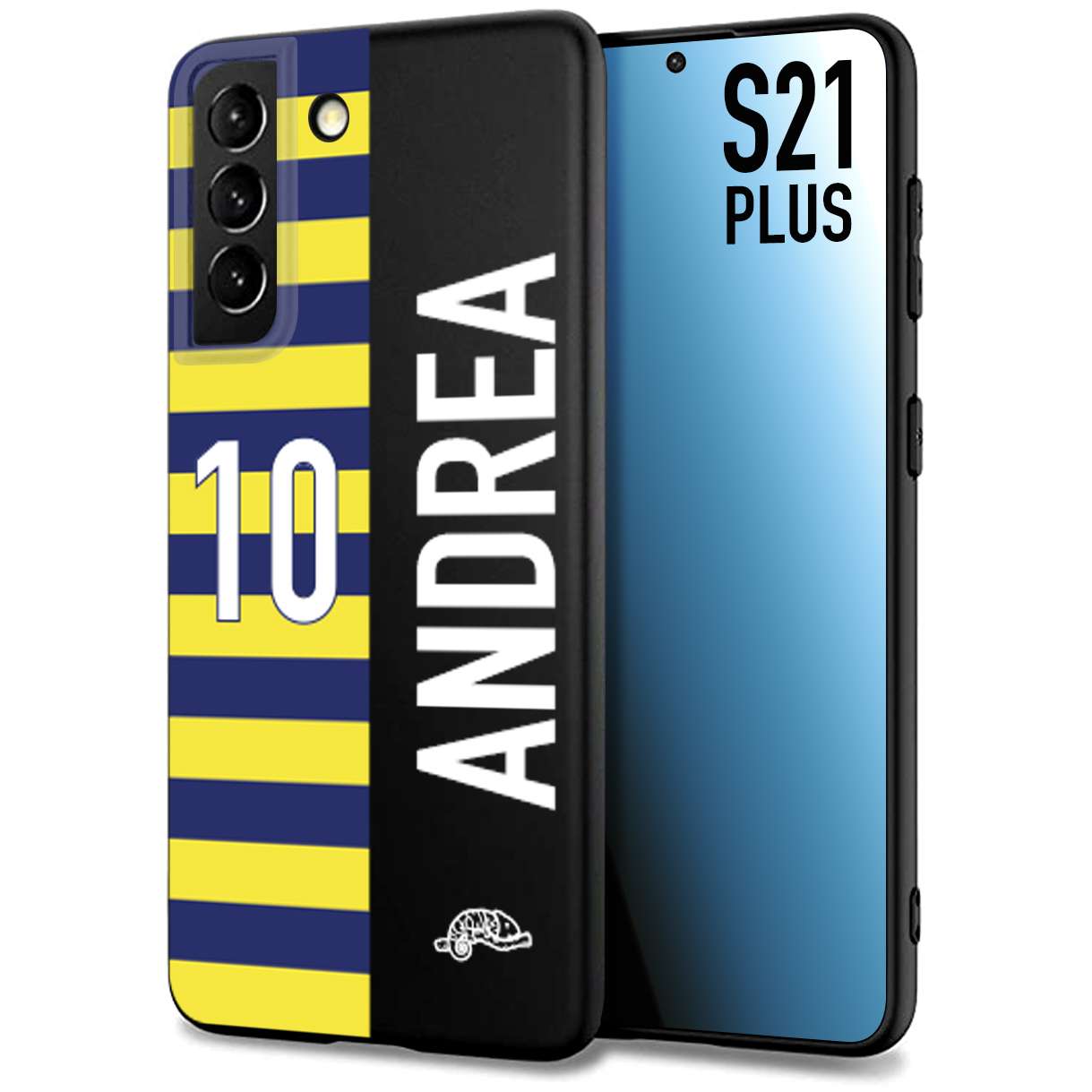 CUSTOMIZZA - Custodia cover nera morbida in tpu compatibile per Samsung S21 PLUS personalizzata calcio football nome e numero calciatori giallo blu