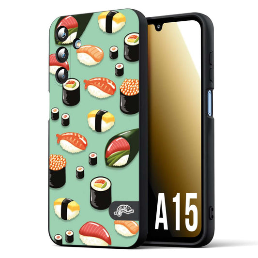 CUSTOMIZZA - Custodia cover nera morbida in tpu compatibile per Samsung A15 5G sushi disegni giapponese nighiri acquamarina verde