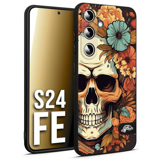 CUSTOMIZZA - Custodia cover nera morbida in tpu compatibile per Samsung S24 FE teschio skull flowers fiori autunnali arancio celeste tattoo