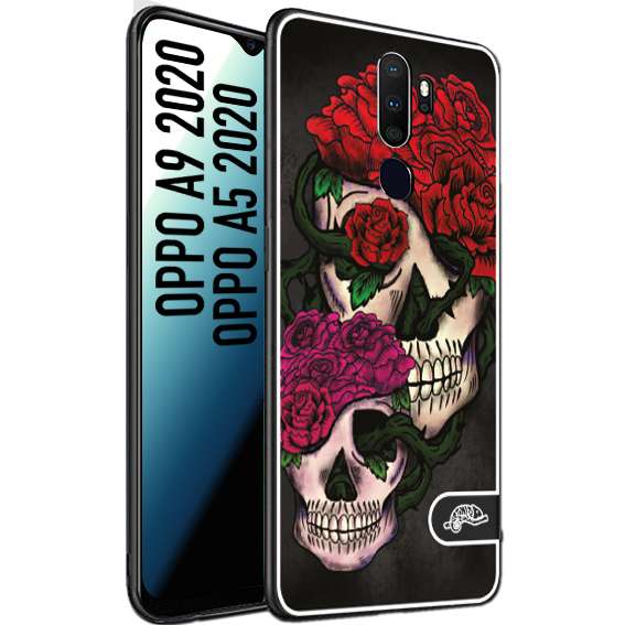 CUSTOMIZZA - Custodia cover nera morbida in tpu compatibile per Oppo A9 2020 - A5 2020 teschi e rose rosse fucsia skull and roses