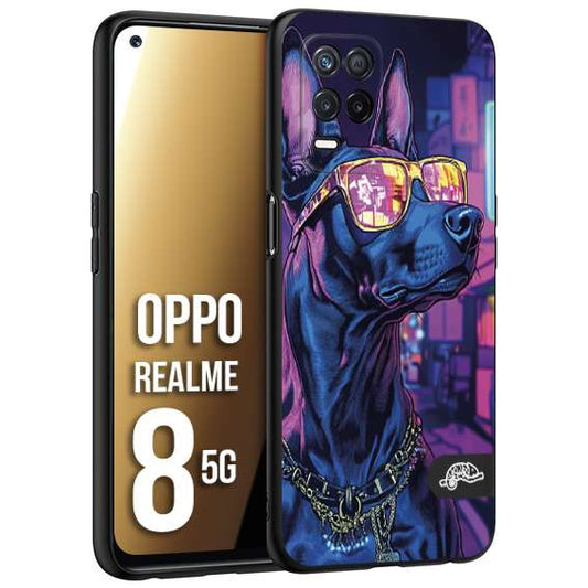 CUSTOMIZZA - Custodia cover nera morbida in tpu compatibile per Realme 8 5G animali cyberpunk dobermann cane street dog fucsia blu night