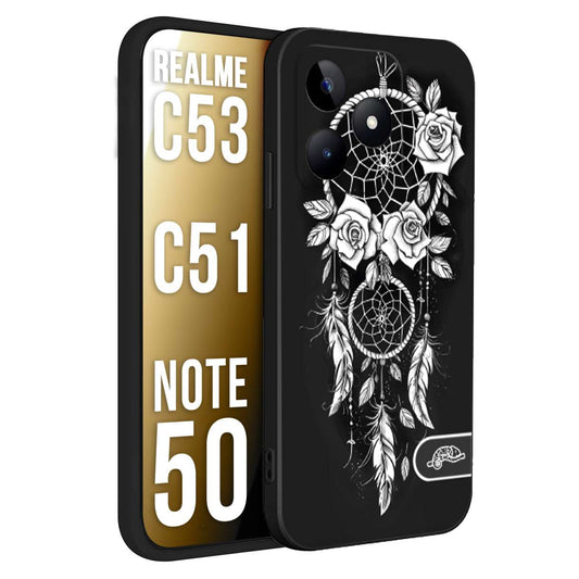 CUSTOMIZZA - Custodia cover nera morbida in tpu compatibile per Realme C53 - C51 - NOTE 50 acchiappasogni dreamcatcher black and white bianco a rilievo disegnato tattoo tatuaggio