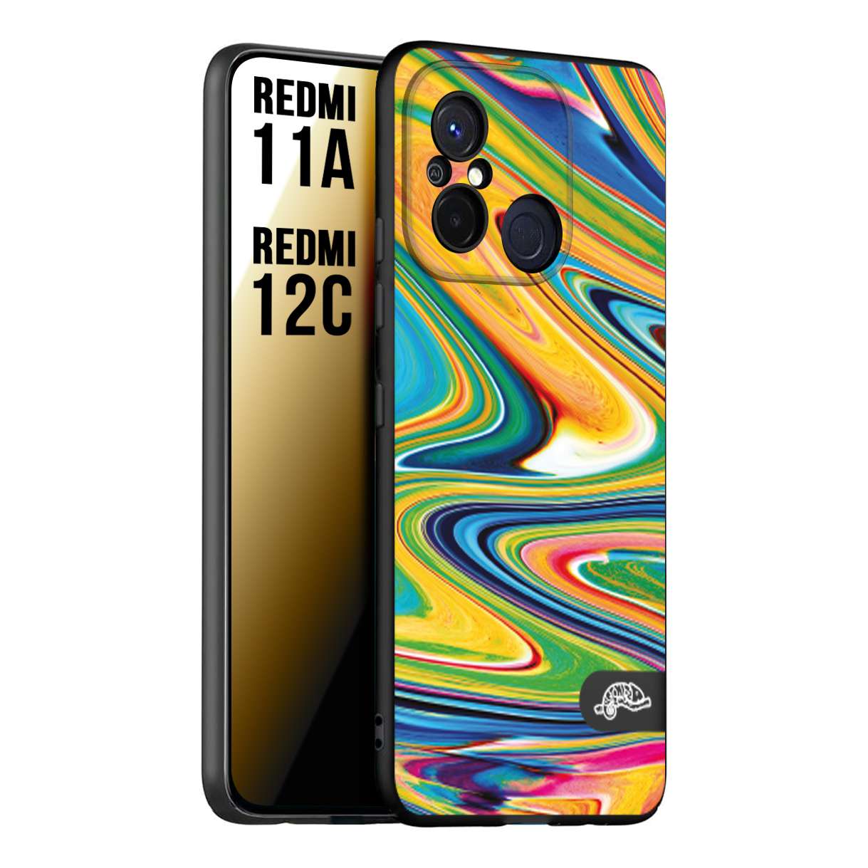 CUSTOMIZZA - Custodia cover nera morbida in tpu compatibile per Xiaomi Redmi 11A - 12C colorata fantasia vortice marmo arcobaleno gialla verde blu