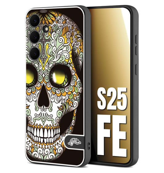 CUSTOMIZZA - Custodia cover nera morbida in tpu compatibile per Samsung S25 FE teschio messicano Mexican skull bianco verde giallo