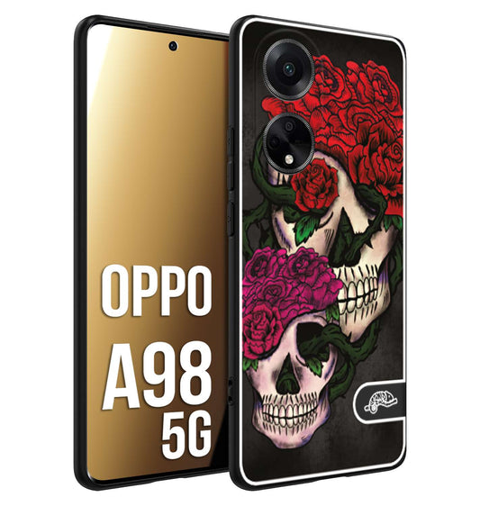 CUSTOMIZZA - Custodia cover nera morbida in tpu compatibile per Oppo A98 5G teschi e rose rosse fucsia skull and roses