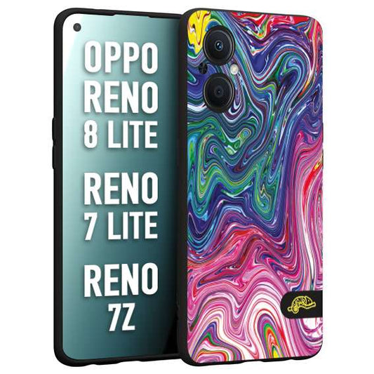 CUSTOMIZZA - Custodia cover nera morbida in tpu compatibile per Oppo Reno 7 Lite - 8 Lite - 7Z colorata fantasia vortice marmo arcobaleno rosa blu fucsia