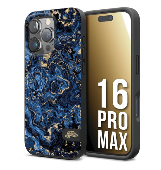 CUSTOMIZZA - Custodia cover nera morbida in tpu compatibile per iPhone 16 PRO MAX effetto marmo marble blu venature dorato psichedelico