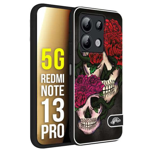 CUSTOMIZZA - Custodia cover nera morbida in tpu compatibile per Xiaomi Redmi Note 13 PRO 5G teschi e rose rosse fucsia skull and roses