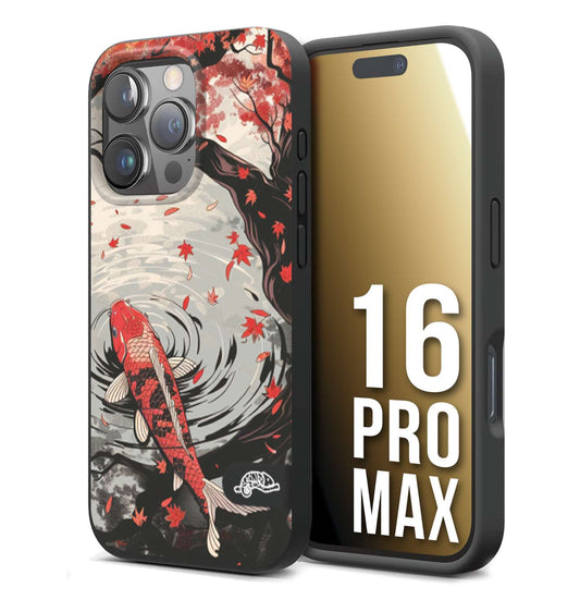 CUSTOMIZZA - Custodia cover nera morbida in tpu compatibile per iPhone 16 PRO MAX giapponese lago carpa koi rossa con foglie d'acero rosso disegnata tattoo