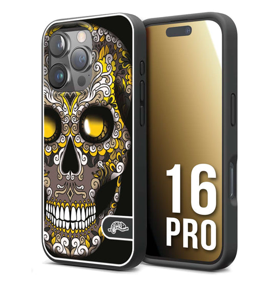 CUSTOMIZZA - Custodia cover nera morbida in tpu compatibile per iPhone 16 PRO teschio messicano Mexican skull nero giallo