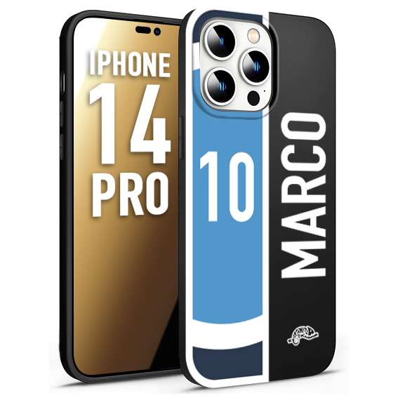 CUSTOMIZZA - Custodia cover nera morbida in tpu compatibile per iPhone 14 PRO personalizzata calcio football nome e numero calciatori biancoazzurri bianco celesti
