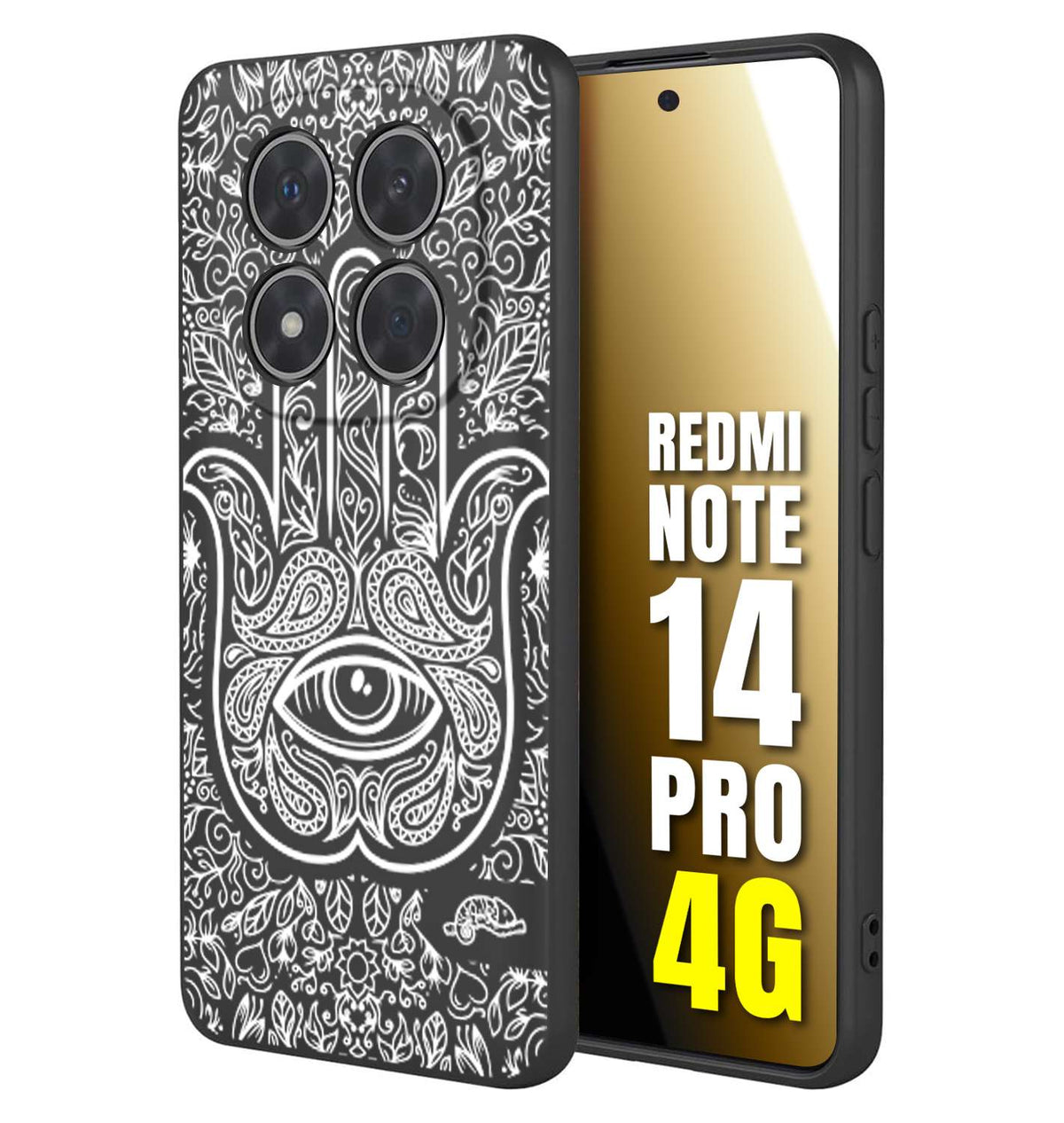CUSTOMIZZA - Custodia cover nera morbida in tpu compatibile per Xiaomi Redmi Note 14 PRO 4G mano di fatima effetto rilievo mandala donna